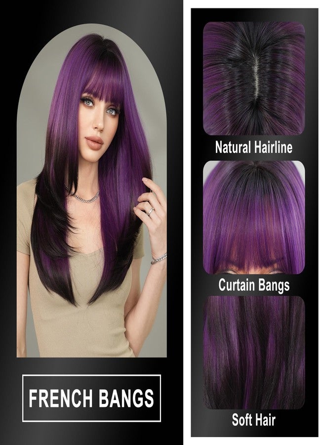 7JHH WIGS Long Straight Purple Synthetic Wig with Bangs 25inch Layered Hair Tail Dye Black Heart Resistant Synthetic Fiber Natural Looking Wigs for Women Party Cospaly and Daily Used - Image 3